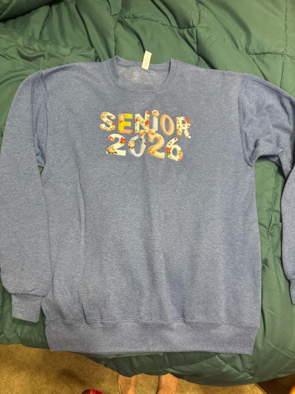 Jerzees Blue Crewneck Sweatshirt with Floral "Senior 2026" Graphic